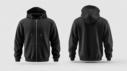 Zipped up black hoodie for men, front and back views against white background