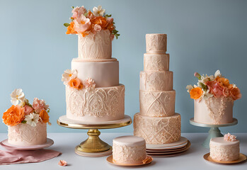 Beautiful three-tiered wedding cake decorated with flowers and ribbons