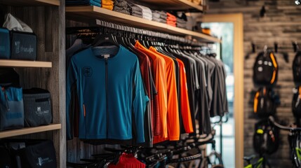 An assortment of fashionable and functional cycling apparel made from lightweight fabrics, displayed in a minimalist urban bike shop.