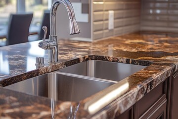 Designer Granite Counter Top. Dark Wood Kitchen Sink in Contemporary Apartment
