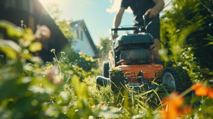 Man mowing the lawn on a sunny day with a mechanical lawnmower, surrounded by tall grass and flowers.