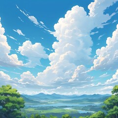 Anime style attractive bright charming sky background with some white clouds and natural view, Summer and Spring blue sky with fluffy white clouds in the wind