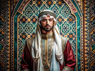 Fototapeta premium Vibrant traditional Gulf Arab attire adorned with intricate embroidery and ornate accessories, against a richly patterned background, exuding cultural heritage and luxurious elegance.