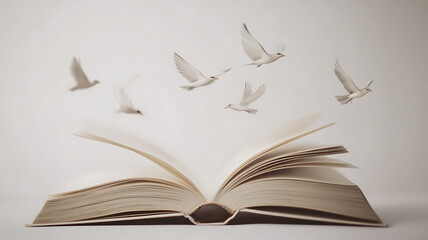 An open book with pages transforming into birds in flight, symbolizing the freedom of ideas, set against a clean, neutral background with soft, natural light.