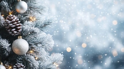 Obraz premium Decorated Christmas tree with winter snow background