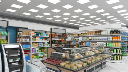 Supermarket interior mockup with shelves of goods, refrigerated display cases with cheese and ATM machine. 3d illustration