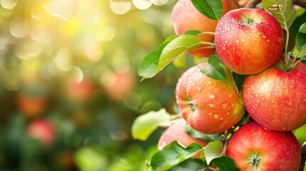 Ripe beautiful apple fruit on tree in plantation farm orchard