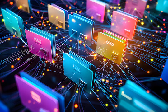 Digital folders and files bursting with colorful tags and labels, surrounded by glowing network connections, illustrate a streamlined document management system.
