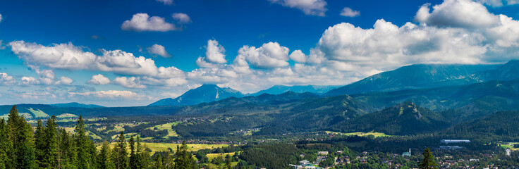 Panorama viw beautiflul Tatra mountains with Zakopane city