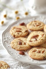 Homemade pecan cookies arranged beautifully on an elegant plate with flower decorations in a cozy kitchen setting
