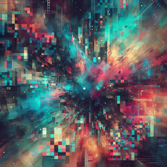 Fototapeta premium Glitch art abstract background. Vibrant, distorted design with digital noise. Edgy modern aesthetic captures the essence of futuristic, cyber inspired art. Perfect for contemporary designs.