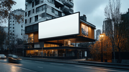 Obraz premium Urban scene with a modern building featuring a large, blank billboard. The building has a glass faꟃ愀搀攀 愀渀搀 椀猀 氀漀挀愀琀攀搀 愀氀漀渀最 愀 猀琀爀攀攀琀 眀椀琀栀 洀漀瘀椀渀最 挀愀爀猀 愀渀搀 猀琀爀攀攀琀氀椀最栀琀猀⸀