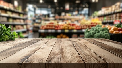 Fototapeta premium Fresh Market Concept: Wooden Table in Supermarket with Copy Space.