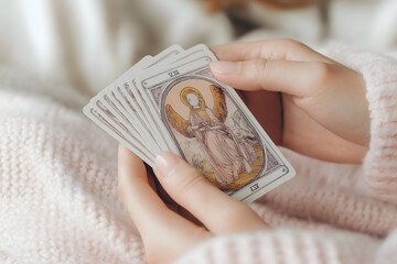 Close-Up of Woman’s Hands Shuffling Tarot Deck with Angel Card on Light Pink Sweater Background