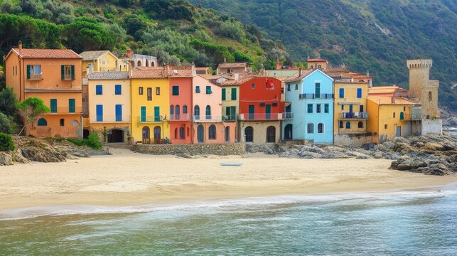 Varigotti Italy. Colorful Fisherman's Houses on Sand Beach Lagoon, Italian Riviera, Liguria