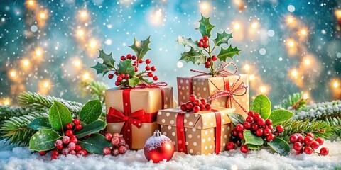 Vibrant winter wonderland scene featuring festive holiday decorations, twinkling lights, and stacked gifts surrounded by snowflakes, holly, and mistletoe, evoking joy and festive cheer.