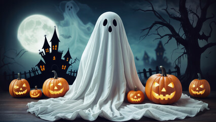 A playful ghost surrounded by carved pumpkins on Halloween night