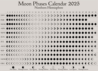 2025 Moon Phases Calendar. Northern Hemisphere lunar calendar design template. Astrological, astronomical moonlight activity scheduler. Month cycle planner mockup. Magical pastel colors vector.