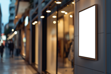 A white sign is on a building with a busy street in the background Mockups, Transparent PNG