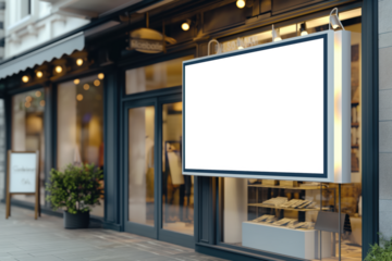 A store front with a large white sign on it, Mockups, Transparent PNG