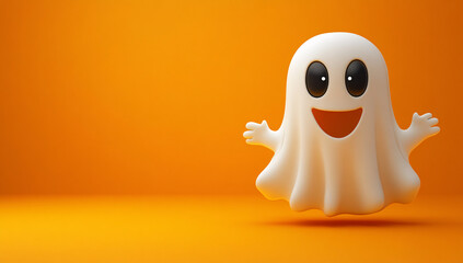 A cute cartoon ghost character on an orange banner with space for copy, suitable for Halloween designs and decorations.