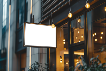 A sign hanging from a building with a white, Mockups, Transparent PNG background