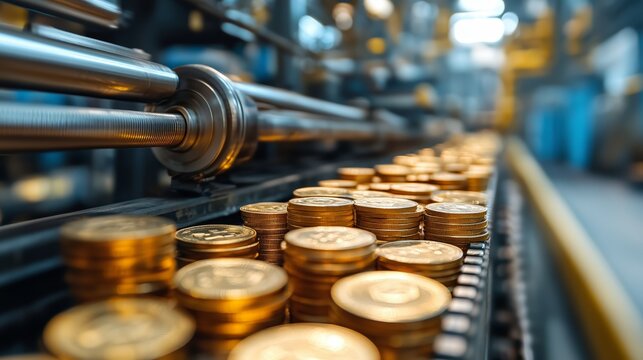 A close-up view of golden coins stacked on a conveyor belt at a mint factory.
