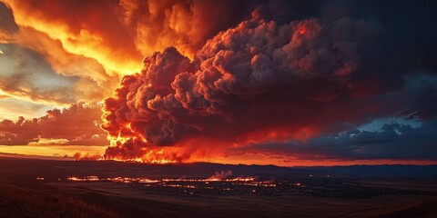 Fototapeta premium Colorado Wildfire. Night View of Searing Flames Against the Red Sky in Marshall Fire