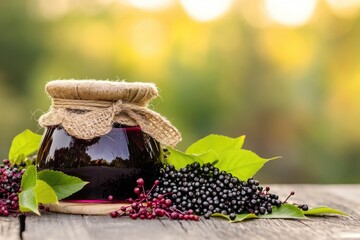 Elderberry Jar. Natural breakfast marmalade preserving with elder berries and red berries in violet jar