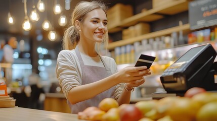 A young woman smiles while processing a payment at a cozy local market during a bustling afternoon