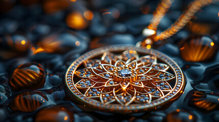 Fototapeta premium Gold Pendant with Blue Gemstones on a Dark Background