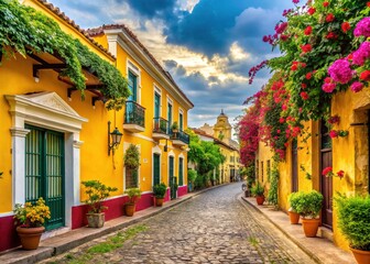 Obraz premium Vibrant yellow buildings with ornate colonial architecture line the cobblestone streets of a quaint Latin American town, surrounded by lush greenery and tropical flowers.