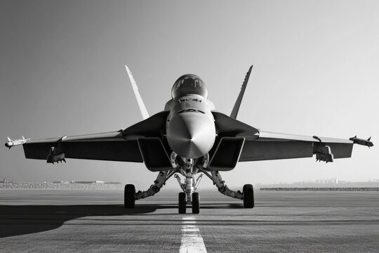 F18 Fighter Jet Taxiing in Black and White. Air Force Aircraft War Weaponry Concept