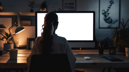 A woman sits at a desk in front of a computer monitor, Mockups, Transparent PNG