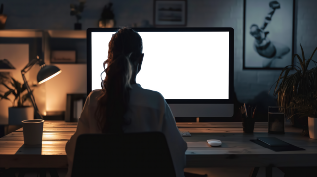 A woman sits at a desk in front of a computer monitor, Mockups, Transparent PNG