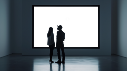 A man and a woman are standing in front of a large empty wall, Mockups, Transparent PNG