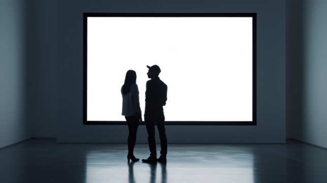 A man and a woman are standing in front of a large empty wall, Mockups, Transparent PNG