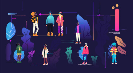 People wearing VR headsets in futuristic urban setting with abstract leaves and geometric elements dark background