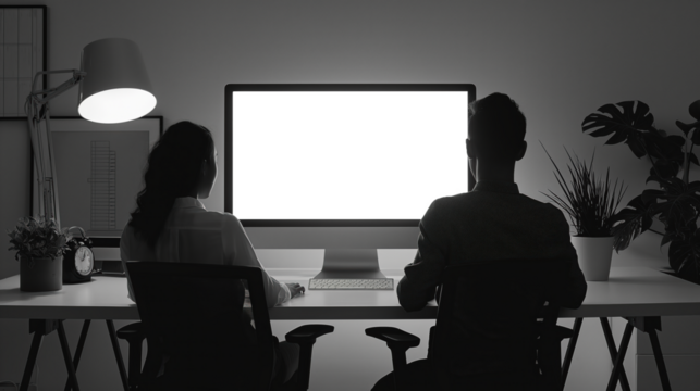 A man and woman sit at a computer desk with a monitor in front of them, Mockups, Transparent PNG - Powered by Adobe