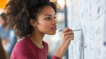 Woman writing on whiteboard with office coworkers