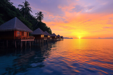 Fototapeta premium Scenic view of floating huts on wooden sticks at sunset on the beach