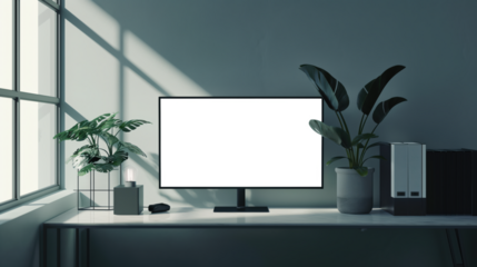 A computer desk with a white monitor and a potted plant, Mockups, Transparent PNG