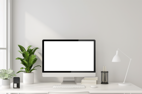 A computer monitor sits on a desk with a potted plant and a lamp, Mockups, Transparent PNG - Powered by Adobe
