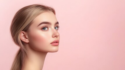 Obraz premium Woman Jawline. Beautiful Young Woman with Slim Figure Stroking Her Jawline on Pale Pink Background