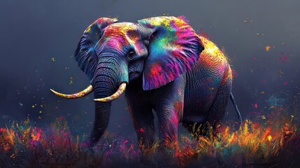  majestic elephant covered in vibrant Holi colors, standing amidst colorful splashes, representing the blend of wildlife and festive cultural expression.
