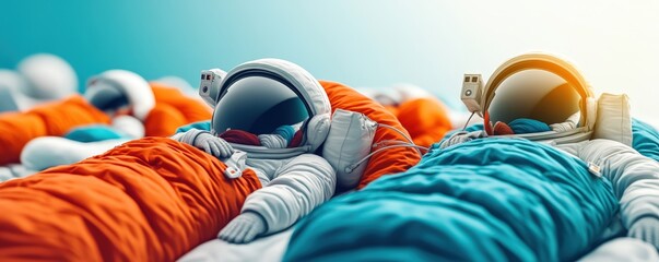 Astronauts peacefully resting in colorful sleeping bags, creating a serene and futuristic atmosphere for space exploration.