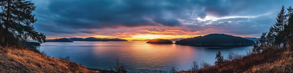 Naklejka premium Orcas Island Sunset: A Stunning Panoramic View of the San Juan Islands in Washington State