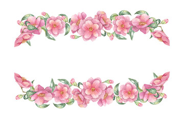 Rectangular frame made of delicate pink camellia flowers, green leaves, and buds. Camellia japonica watercolor clipart for wedding invitations, greeting cards, or product packaging