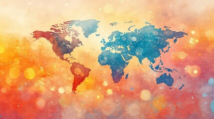  Abstract world map with vibrant colors and light effects, blending art with geography.