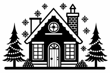 Line Art Christmas Home  black silhouette vector